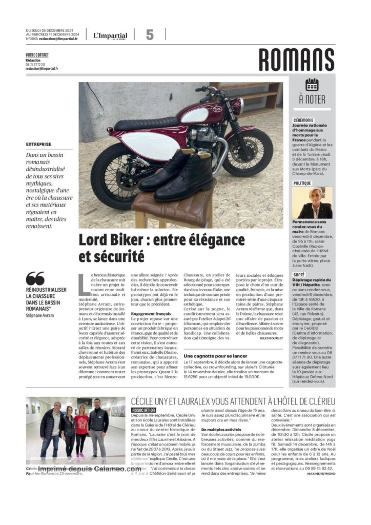 Les chaussure de moto de luxe fabriquée en France par Lord Biker sont dans L'impartial de la Drome !